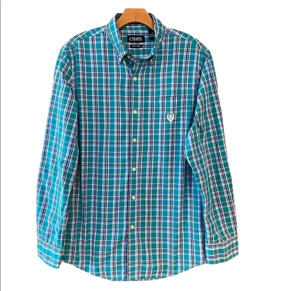 Chaps Men’s M Turquoise Plaid Pocket Long Sleeve Cotton Casual Dress Shirt - Picture 1 of 7